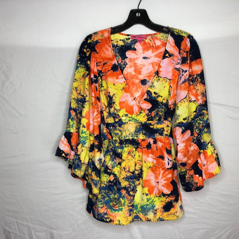 Betsy Johnson Women's Size Medium Floral Abstract Artsy Blouse Top Kimono Sleeve